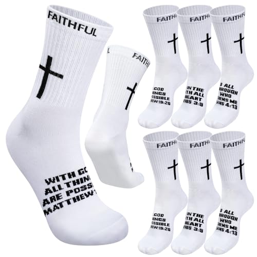 Glitopper 6 Pairs Christian Cross Socks with Bible Verse Religious Jesus Faithful Prayer Sock for Men Women Youth Church Gift(White,Faithful)