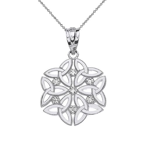 Triquetra Celtic Dara Endless Knot with Diamond Fine Pendant Necklace With 18" Rolo Chain Real Solid 14Kt White Gold