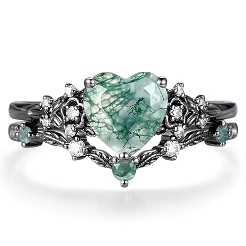 High-grade Vintage Nature Moss Agate Engagement Ring Sets for Women Art Deco Cluster Green Agate Bridal Ring S925 Silver 10K 14K 18K Gold Inspired Promise Wedding Band