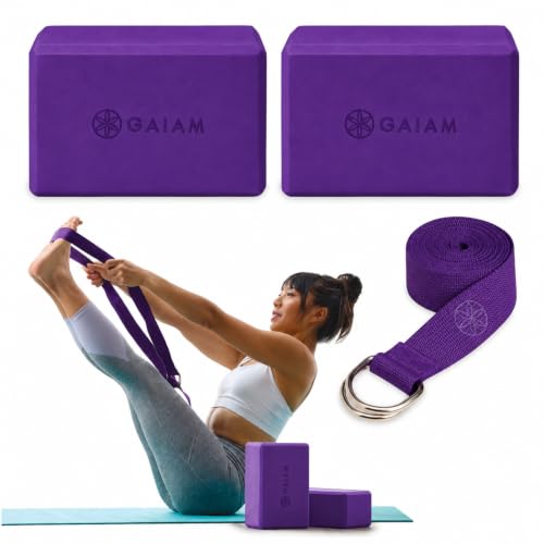 Gaiam Essentials Yoga Block 2 Pack & Yoga Strap Set, Deep Purple, 9"W x 6"H x 4"D