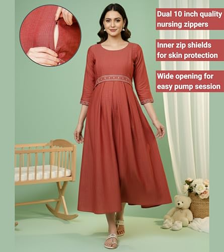 Image of DUMMY SHAPE Pregnancy Dresses for Women Cotton | Floral Anarkali Flare Kurta with Dual Nursing Zippers | Pregnancy & Breastfeeding | Feeding Kurtis | Baby Shower | Gifts for Pregnant Woman