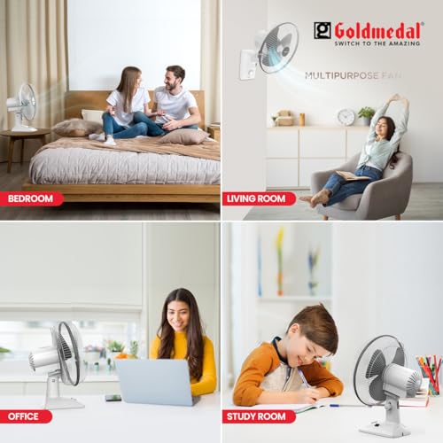 Image of Goldmedal Air On 230 mm 2-in-1 Personal Fan | Desk & Wall Mountable | Lightweight & Portable | High-Speed Performance | Ideal for Home & Office | 2-Year Warranty | (White Grey)