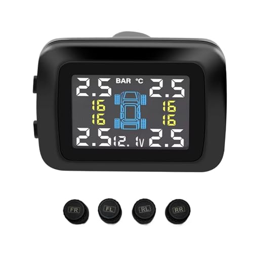 Car TPMS Cigarette Lighter Tire Pressure Monitoring System Alarm Tyre Air Pressure Meter Gauge Temperature Warning with 4 Sensor(External Sensor)