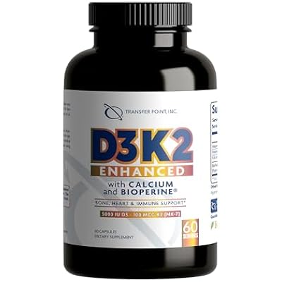 D3K2 Enhanced with Calcium & BioPerine - 5000 IU Vitamin D3 + 100 mcg Vitamin K2 MK-7 - Once-Daily Formula, 60 Capsules