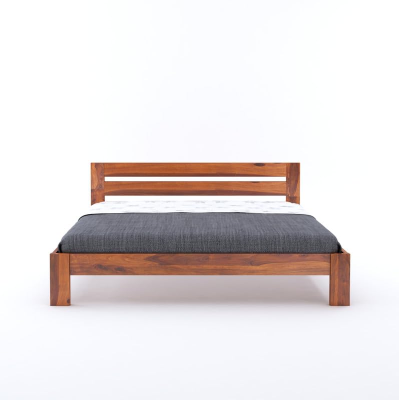 Image of Solid Sheesham Wood King Size Bed Without Storage | Wooden Double Bed Cot Bed for Bedroom Furniture | Palang Double Bed for Hotels | Honey Finish