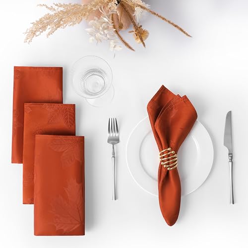 Softalker Fall Jacquard Dinner Napkins 20 x 20 Inch Set of 4, Burnt Orange