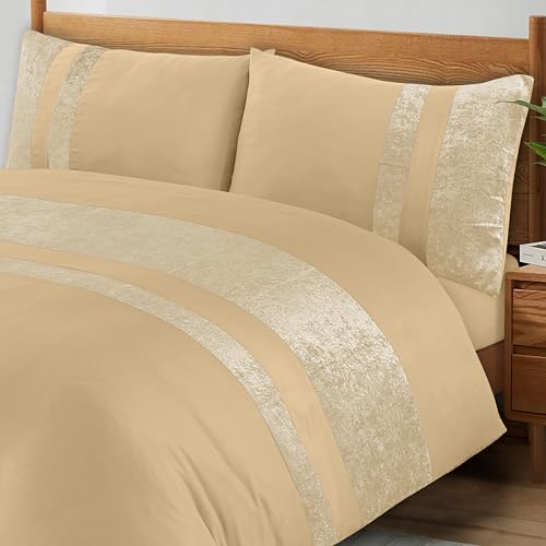 Image of ZZZMRH Luxury Crushed Velvet Single Duvet Cover Set with Pillow Case - Beige Color Crush Velvet Panel Band - 100% Microfiber - 2 Pieces - Single Size