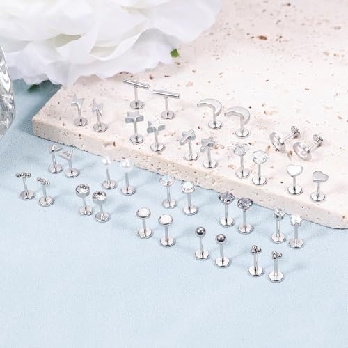 18Pairs 20G 316L Stainless Steel Threadless Push in Stud Earrings for Women Men Flat Back Cartilage Stud Earring Helix Tragus Stud CZ Heart Moon Star Ear Stud Piercing Jewelry2