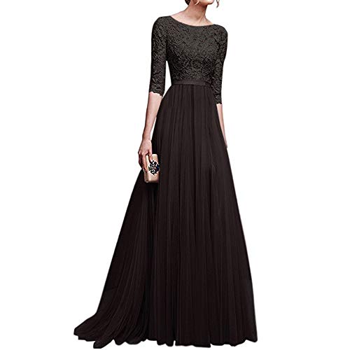 Mujer Maxi Vestido de Flores de Encaje Gasa de Manga Larga Noche Fiesta de cóctel Boda A-línea Vestido de Noche Cover