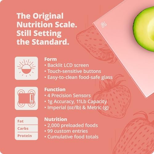 Greater Goods Nutrition Food Scale, Perfect for Weighing Nutritional Meals, Calculating Food Facts, and Portioning Snacks, Designed in St. Louis (Coral Pink)