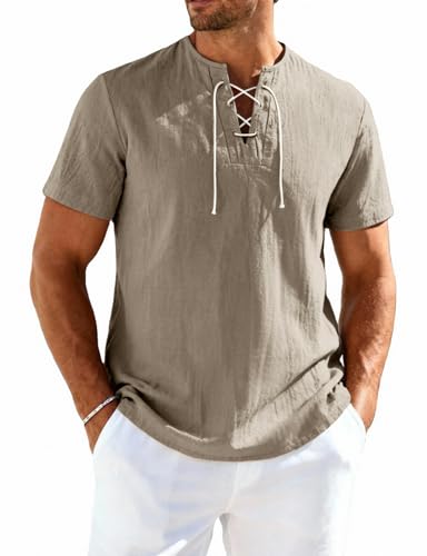 JEMITOP Mens Retro Lace Up Pure Cotton Linen-Like Versatile Breathable Lightweight Shirts for Beach Summer Hippie Pirate Renaissance Khaki L