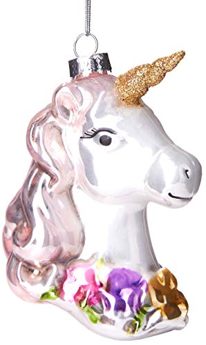 BRUBAKER Einhorn mit Blumenkranz - Handbemalte Weihnachtskugel aus Glas - Mundgeblasener Christbaumschmuck Figuren lustig Deko Anhänger Baumkugel - 9.5 cm