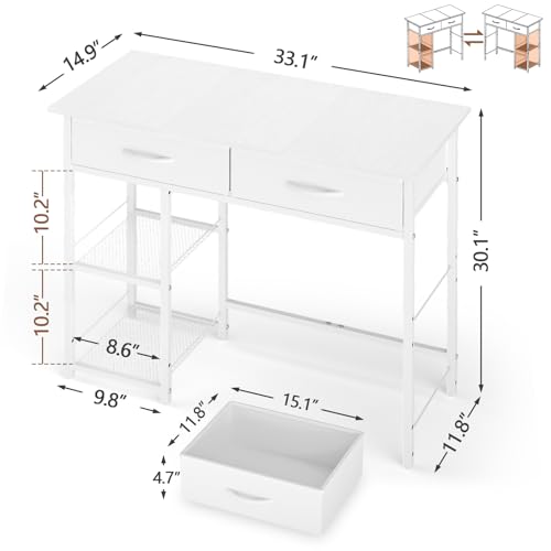 ThreeHio Small Writing Desk with 2 Drawers, White Computer Desk with Storage Shelf, Home Kids Study Table for Small Spaces, Simple Desk for Bedroom, Home Office, Living Room, Dorm, Vanity Desk, White by ThreeHio - Image 2