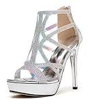 SAMMITOP Women's Heeled Platform Sandals, High heel Strappy Sandals with Diamond, Open Toe Blingbling Pumps for Dress Evening Event Party Sliver US8