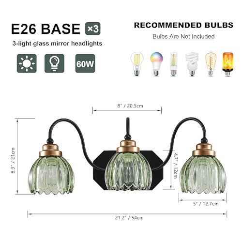 Image of Vintage Gold Bathroom Light Fixtures,3 Light Green Tulip Crystal | Brushed Gold Vanity Lights,Matte Antique Brass Finish, Mid Century Style,Wall Sconces for Bedroom,Hallway,Easy to Install