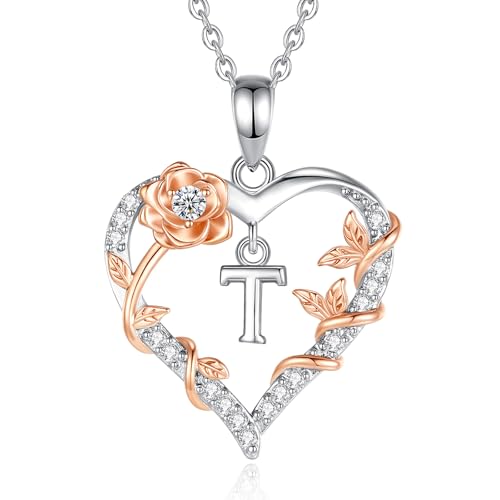 EUDORA Harmony Ball Rose Heart Initial T Necklace for Women Letter T Alphabet Initial Necklaces Copper Rhodium Plated Pendant with Cubic Zirconia, Initials Jewelry Gifts for Women Wife 18"