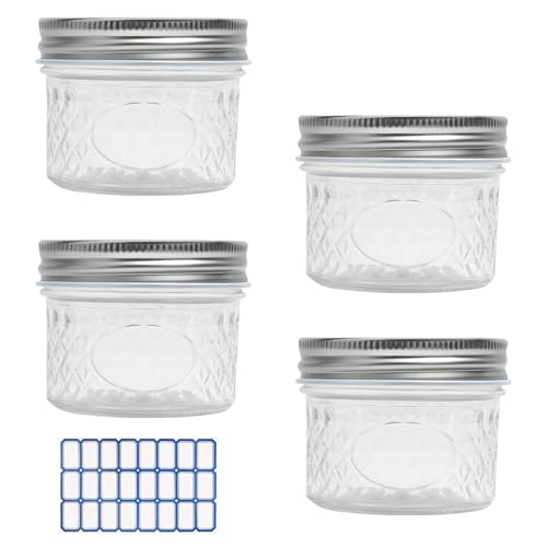 APOMOONS 4PCS Tarro de Cristal de 120 ML con Tapa, Mini Tarros Masón con Etiqueta Adhesiva Azul Tarro de Preparación de Comidas Tarros de Cristal Pequeños para Yogur, Mermelada, Especias