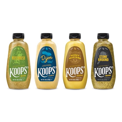 Image of Koops' Best Sellers Mustard Variety Pack - Horseradish, Dijon, Honey Mustard, & Stone Ground - Gluten-Free, Kosher, Made in USA, From Quality Mustard Seeds - 12 Oz, Pack of 4