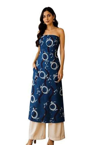 Image of Ethnics of Kutch Womens's Ajrakh Modal Silk Natural Dye Hand Block Print Unstitched Kurta Fabric