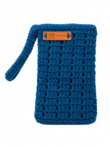Image of Handmade Crochet Mobile Pouch for Women & Girls | Knitted Phone Holder with Wrist Strap | Cute Floral Aesthetic Mobile Cover Case | Soft Yarn Handmade Gift (Peacock Blue)