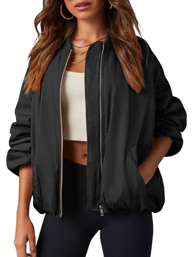 Tankaneo Womens Zip Up Bomber Jacket Oversized Fashion Casual Fully Lined Winter Coats With Pockets