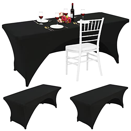 2 paquets de nappe en élasthanne de 6 pi en polyester équipée d'une couverture de table rectangulaire pour à dos ouvert pour événement de fête de mariage, exposition d'artisanat, bar à cocktails(noir) Cover
