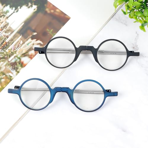 KoKoBin Folding round Reading Glasses with Telescopic Rod and Leather Case Keychain Small Portable Blue Light Blocking Reader for Men and Women (2 Pack BlackBlue, 2, Dioptres) - Image 4