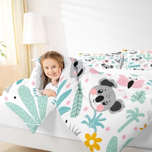 Image of Feelyou Cartoon Koala Comforter Queen, Cute Koala Bear Comforter Set for Kids Boys Girls Kawaii Animals Comforter Set Tropical Plants Duvet Set Durable Quilt Set