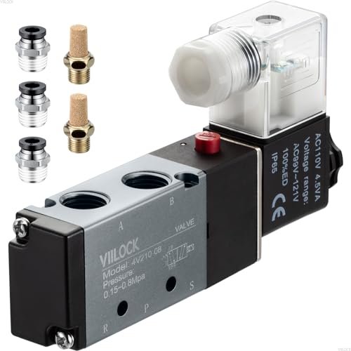 VIILOCK Pneumatic Solenoid Valve, 5 Way 2 Position 1/4”NPT Single Coil Pilot-Operated Electric Air Control Valve 4V210-08 (AC110V)