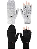 Tatuo 2 Pairs Women Fingerless Mittens Winter Convertible Gloves Knitted Half Finger Gloves with...
