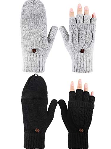 Tatuo 2 Pairs Women Fingerless Mittens Winter Convertible Gloves Knitted Half Finger Gloves with Cover(Black and Grey)