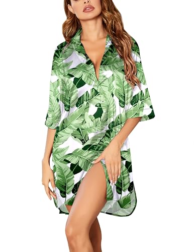 Image of Ekouaer Women's Satin Nightshirt Button Down Sleepshirt Silk 3 /4 Sleeve Nightgown Boyfriend Notch Collar Sleepwear S-3XL