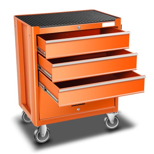 Auto Dynasty 3-Drawer Rolling Tool Cabinet, Roller Cart Tool Cabinet Storage Chest Box with Wheels and Key Lock for Garage Warehouse Workshop, Orange