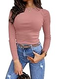 Lynwitkui Women's Long Sleeve Stretch Slim Fitted Ribbed T-Shirt Blouse Cut Out Solid Basic Tops Pink