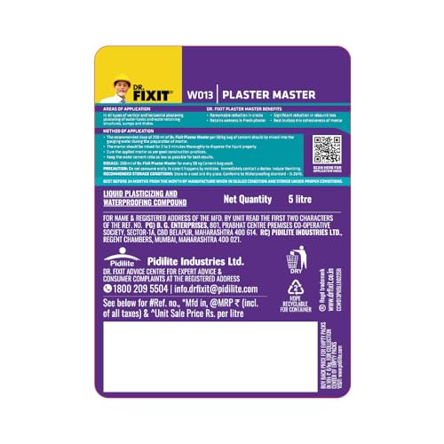 Image of Dr. Fixit Plaster Master Advanced Liquid Waterproofing Compound for Plastering, Internal | External | Ceiling, 5 Litre