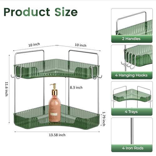 Image of Corner Counter Organizer, 2-Tier Bathroom & Kitchen Storage Tray with Hooks | PET Green Vanity Organizer for Skincare, Makeup & Jewelry