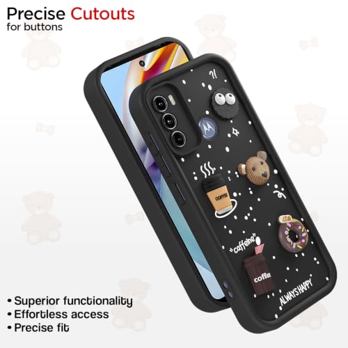 Image of Pikkme Back Cover for Motorola Moto G60 / G40 Fusion | 3D Bear Silicone Cute & Fun Coffee Cartoon | Full Body Protection Bumper Case (Black)