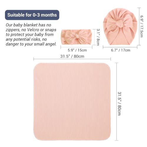 Image of DRESHOW BQUBO Baby Girl Newborn Receiving Blankets with Bow Hat Headband Wooden Birth Announcement Card Set Newborn Baby Swaddle Wrap Set Warm Shower Gift