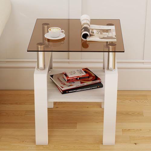 Image of Meihua Glass End Table, Square Glass Side Table, 2-Tier Modern Nightstand with Metal Legs for Living Room&Bedroom (Brown+White, Set of 2)