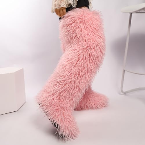 Image of Black Thigh High Fur Boots, Over the Knee Fluffy High Boots, Tall Furry shoes for Women