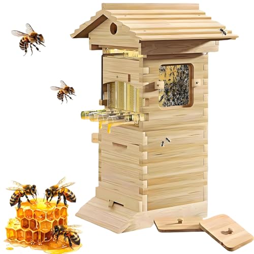 AiODiO Selbstfließender Honigbienenstock, Bienenstock-Starterset mit 4 Rahmen und 6 Wabenmulden, mit Sichtfenster und Honigauslauf, für Gartenbestäuber