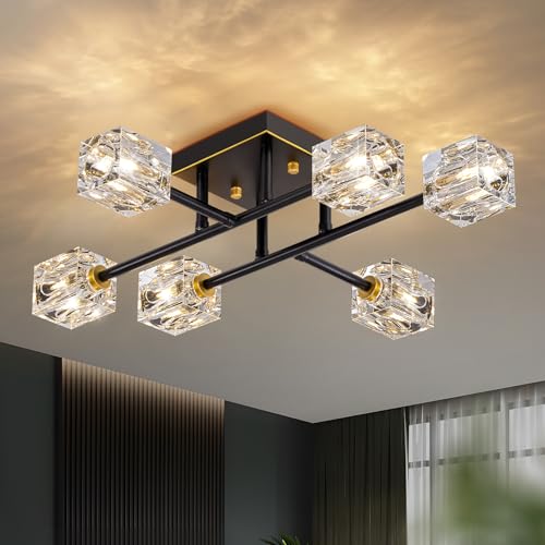 Semi Flush Mount Ceiling Light Fixture,6-Light Modern Crystal Chandeliers,Black and Gold Farmhouse Lighting Fixtures for Dining Room Living Room Kitchen Bedroom Entryway