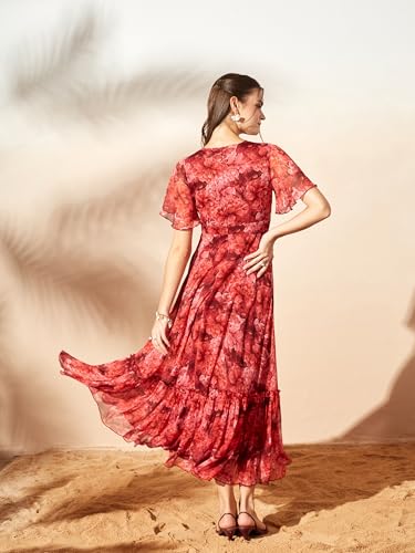 Image of Miss Chase Women's Floral V-Neck Flutter Sleeve Wrap Chiffon Maxi Dress