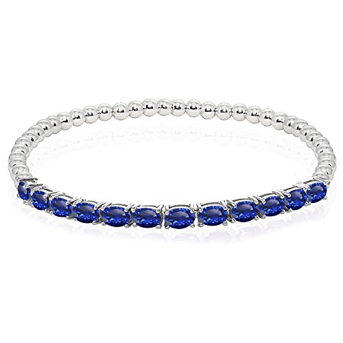 Sterling Silver Created Blue Sapphire Oval Beaded Stretch Tennis Style Bracelet