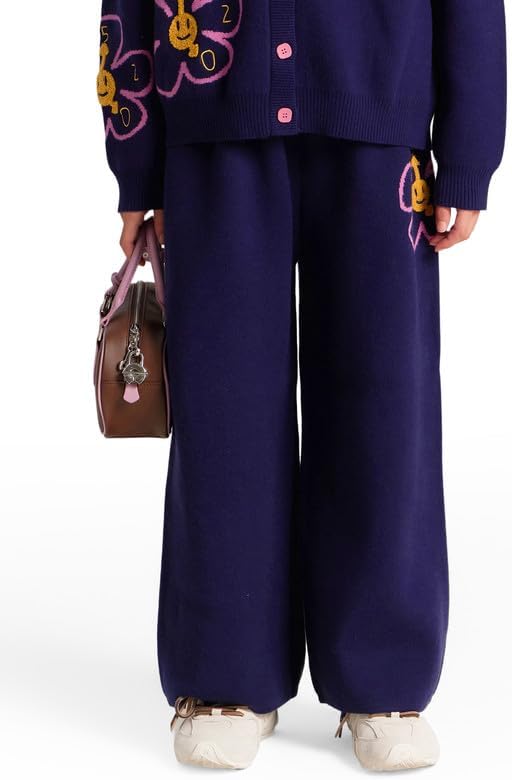 Girls Purple Black Uniform Pants - Stretchy School Pants for Girls, Playful Pink Floral Knit Fabric 6-16Y