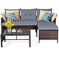 HAPPYGRILL 3 PCS Patio Conversation Set Sectional Rattan Wicker Sofa Set with Steel Frame & Seat Cushion, Outdoor Table & Sofa Furniture Set for Garden Lawn Pool Backyard