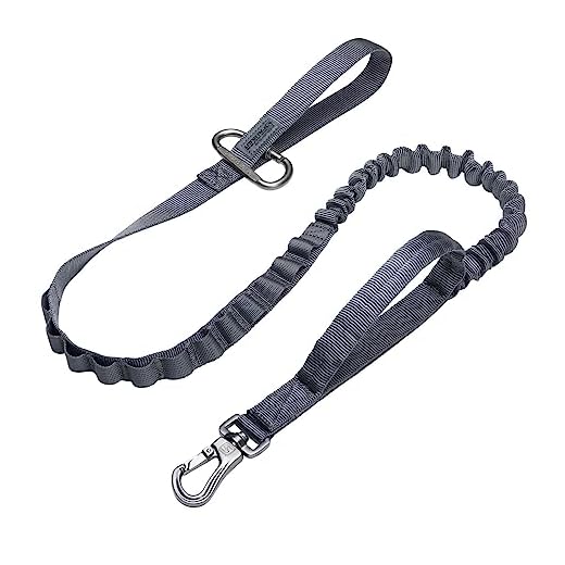 EXCELLENT ELITE SPANKER Laisse élastique Tactique pour Chien Laisse Militaire pour Chien Corde élastique à déclenchement Rapide avec 2 poignées de contrôle(GRY)