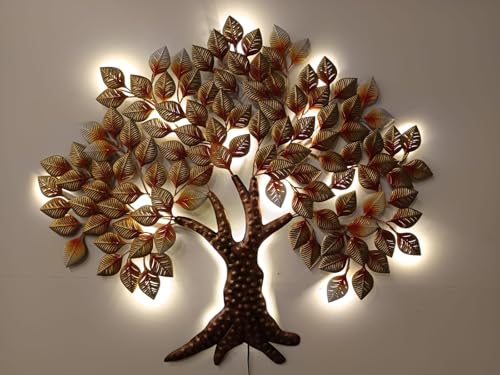 Image of Bharat Art Metal Iron Wall Art Decor for Home Bedroom Living room Cafe Interior Decorative | Elegant Wall Hanging Sculpture with LED Light | Gift Item | MAHOGANY Tree | 48X02X43 INCH | WD 140 (A)