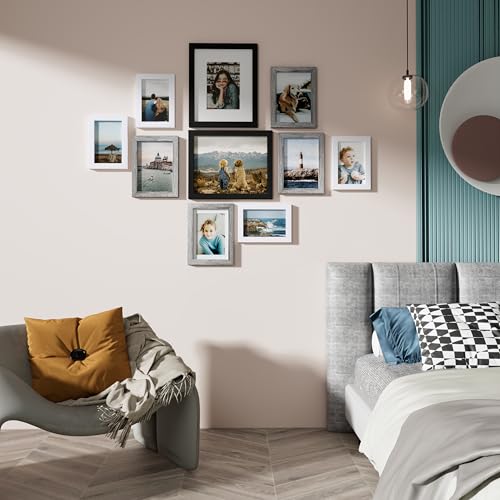 Image of Vittanly Picture Frames Set of 10, Picture Frames Collage Wall Decor with Two 8x10, Four 5x7, and Four 4x6 Photo Frames, Gallery Wall Frame Set for Wall or Tabletop Display, Black, Grey and White