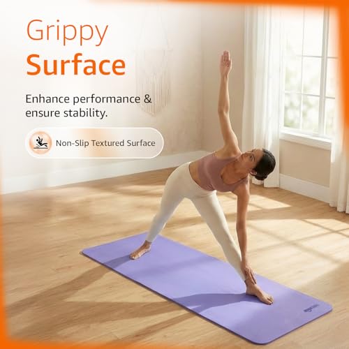 Image of Amazon Basics TPE Yoga & Exercise Mat | 6 mm Thick | Non-Slip Grippy Surface | Lightweight & Durable Rubber-Like Material | Floor Protection | Ideal for Yoga, Pilates, Stretching & Fitness | 180 x 61 cm | Purple